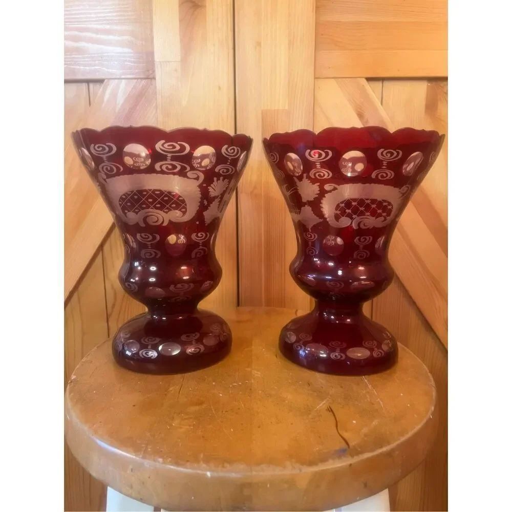 Vintage Egermann Ruby Cut to Clear Vase/Goblet/Glass Czech Bohemian set of 2 (76